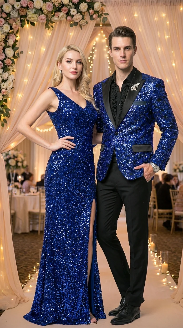 Men’s Blue Sequin Sparkle Blazer Jacket with Black Satin Lapel, Party Prom Wedding Dinner Coat - Image 9
