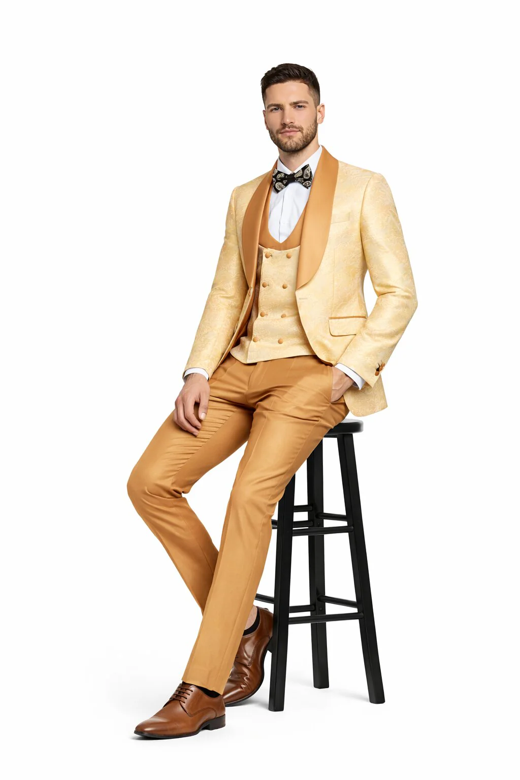 Gold Paisley 3-Piece Skinny Fit Suit – Wide Shawl Lapel with Matching Bow Tie - Image 2