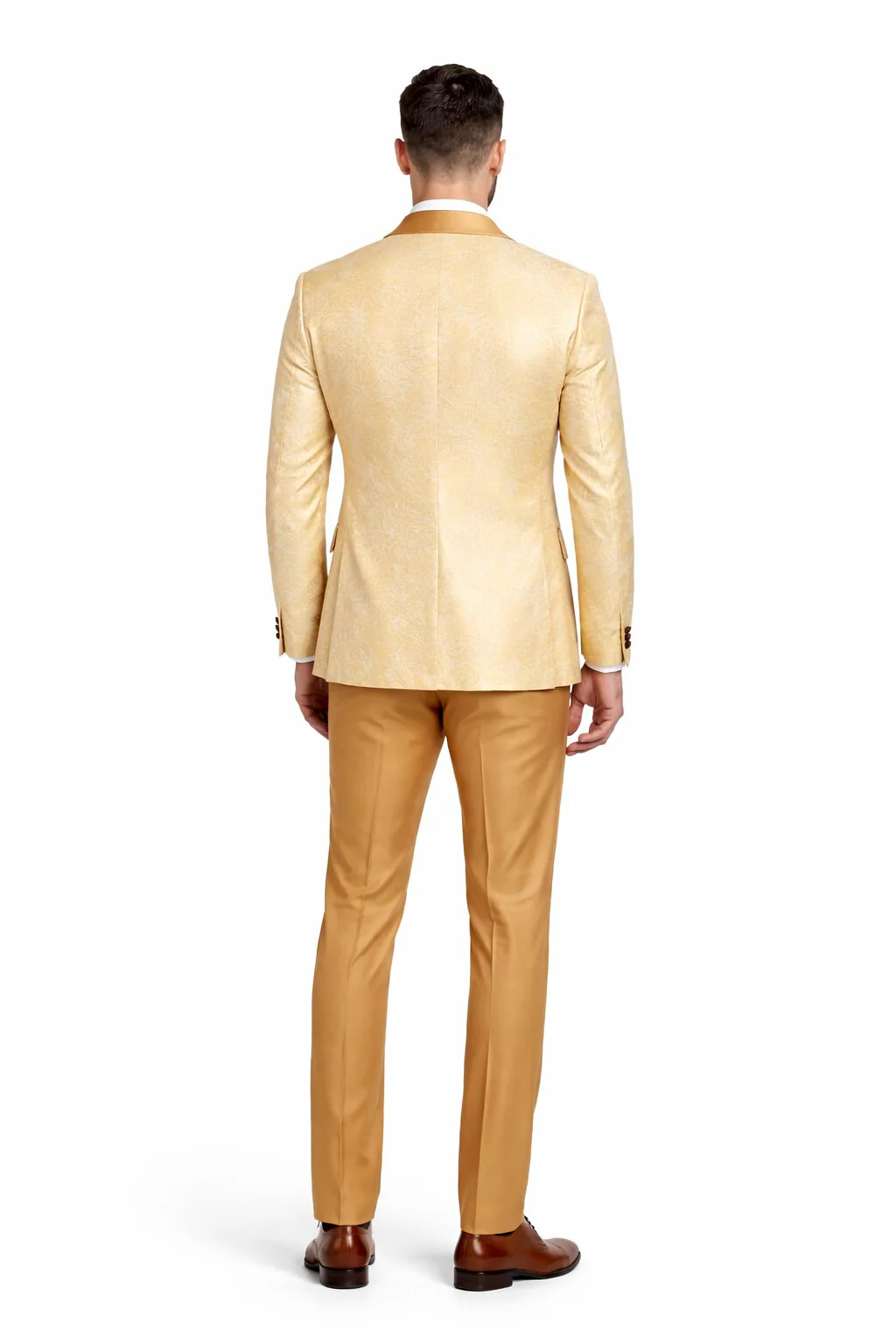 Gold Paisley 3-Piece Skinny Fit Suit – Wide Shawl Lapel with Matching Bow Tie - Image 3