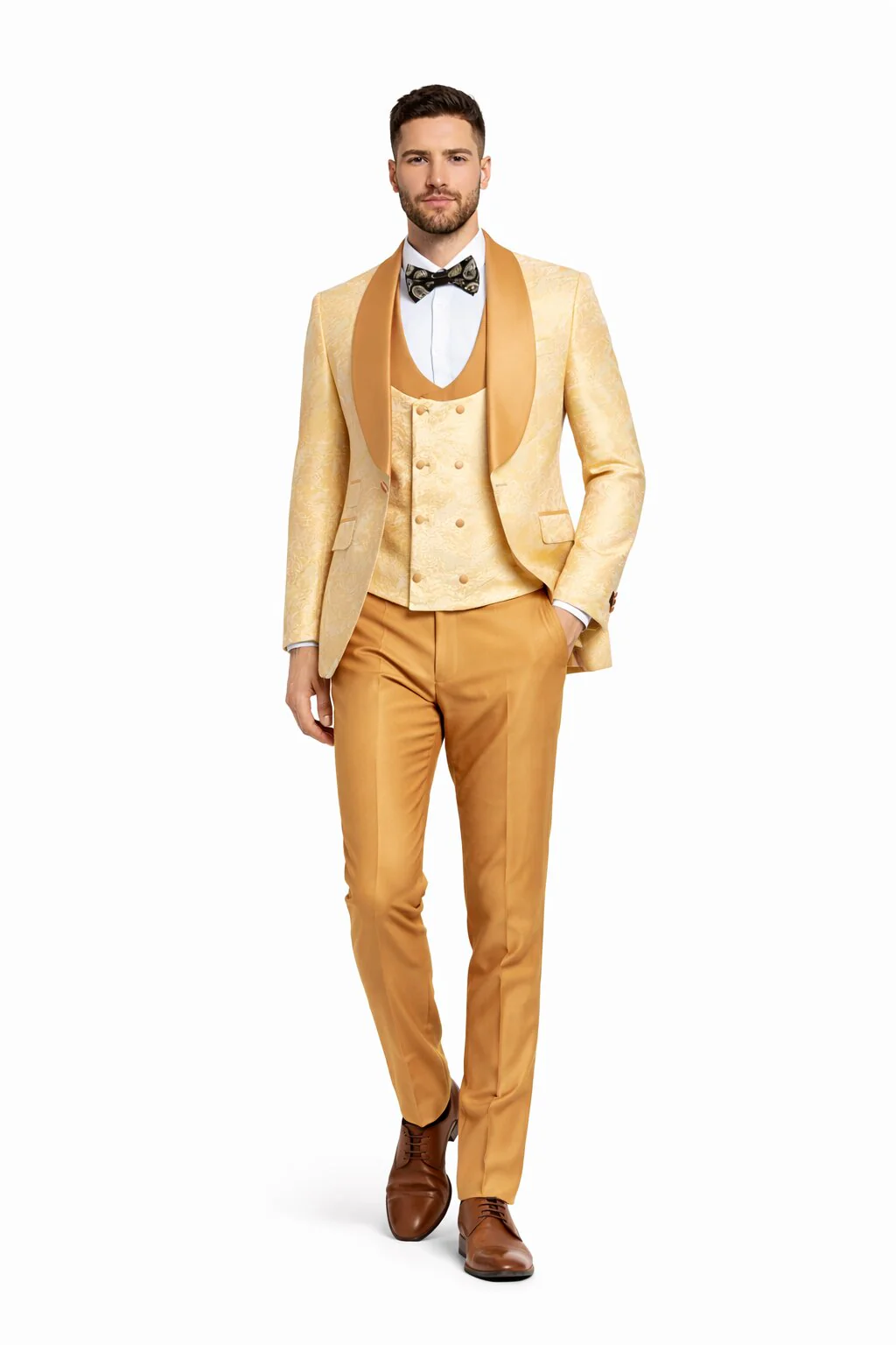 Gold Paisley 3-Piece Skinny Fit Suit – Wide Shawl Lapel with Matching Bow Tie - Image 4