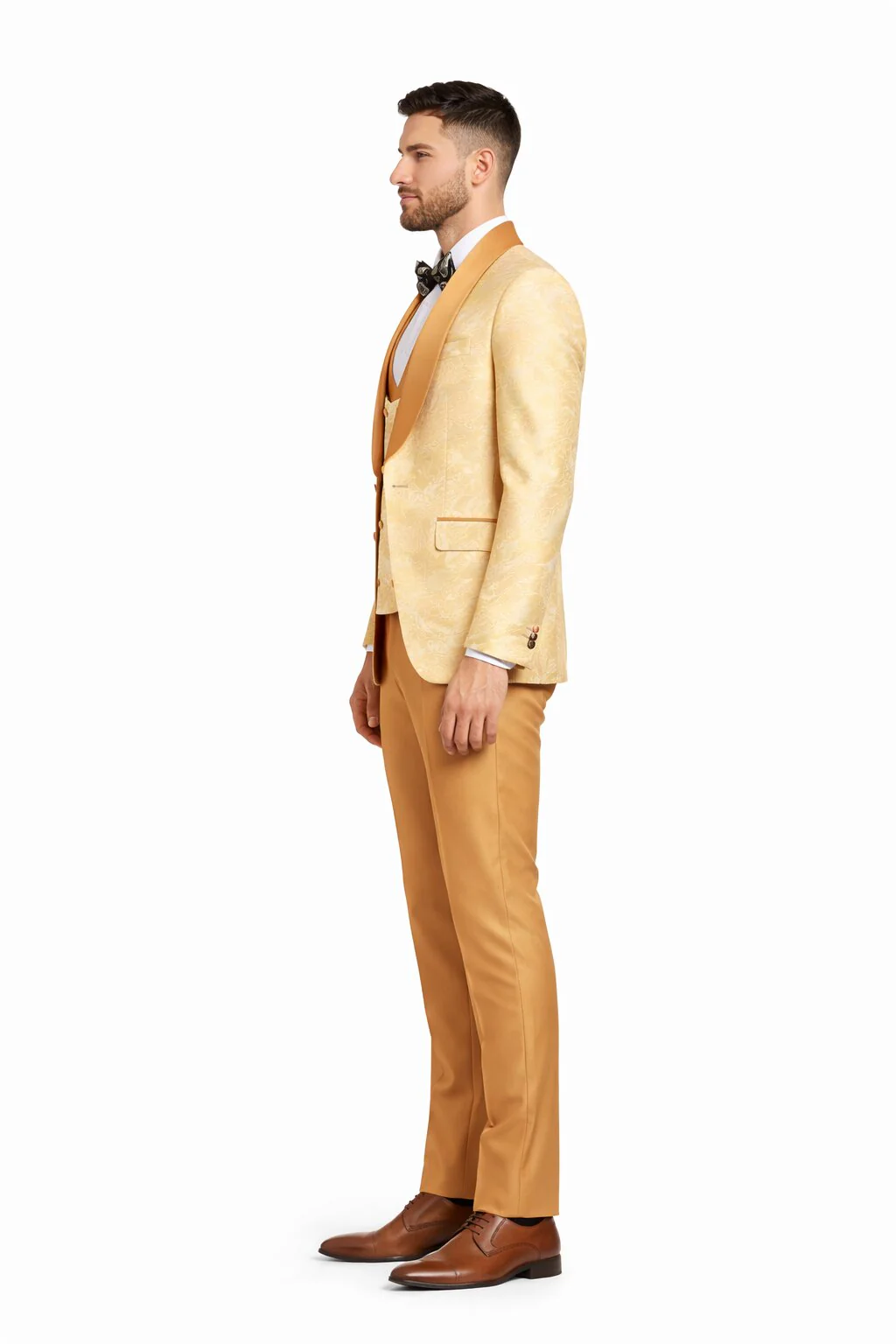 Gold Paisley 3-Piece Skinny Fit Suit – Wide Shawl Lapel with Matching Bow Tie - Image 5