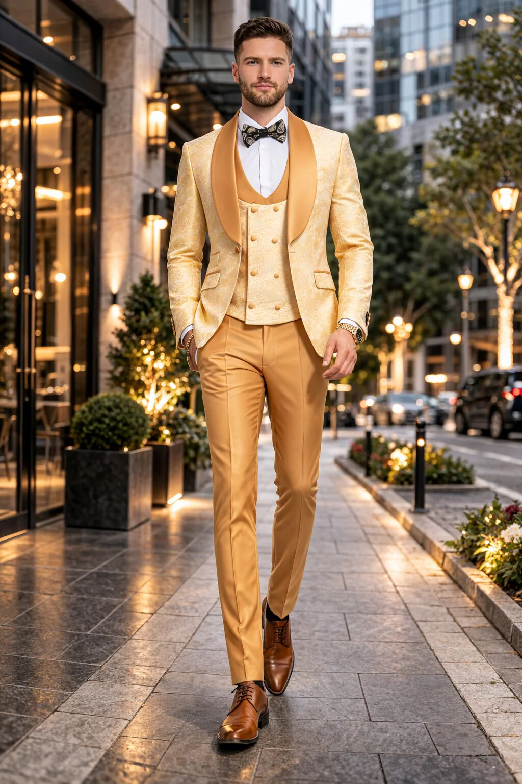 Gold Paisley 3-Piece Skinny Fit Suit – Wide Shawl Lapel with Matching Bow Tie - Image 6