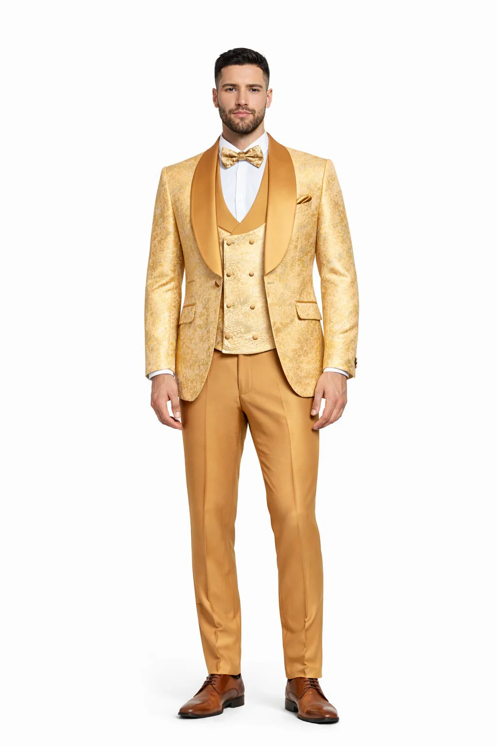 Gold Paisley 3-Piece Skinny Fit Suit – Wide Shawl Lapel with Matching Bow Tie - Image 7