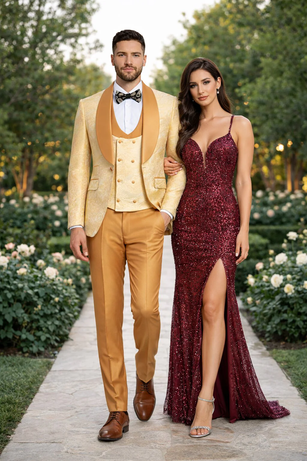 Gold Paisley 3-Piece Skinny Fit Suit – Wide Shawl Lapel with Matching Bow Tie - Image 8