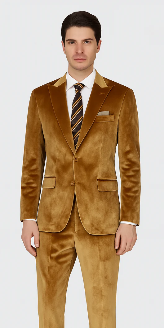 Gold Velvet Suit for Men – 2-Piece Skinny Fit Peak Lapel Formalwear by Tazzio - Image 2