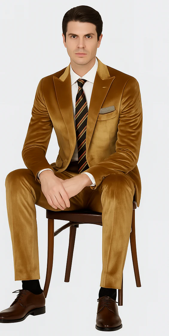 Gold Velvet Suit for Men – 2-Piece Skinny Fit Peak Lapel Formalwear by Tazzio - Image 4