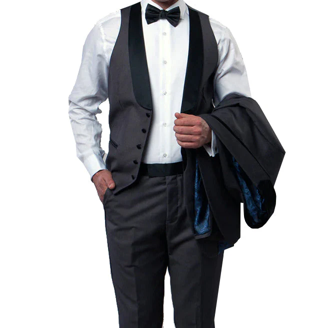 Gray Slim Fit Tuxedo 3 Piece with Satin Shawl Collar Vest - Image 2