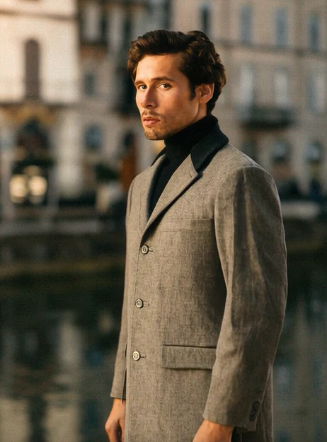Herringbone Wool & Cashmere Chesterfield Overcoat – 1920s Full Length - Image 2