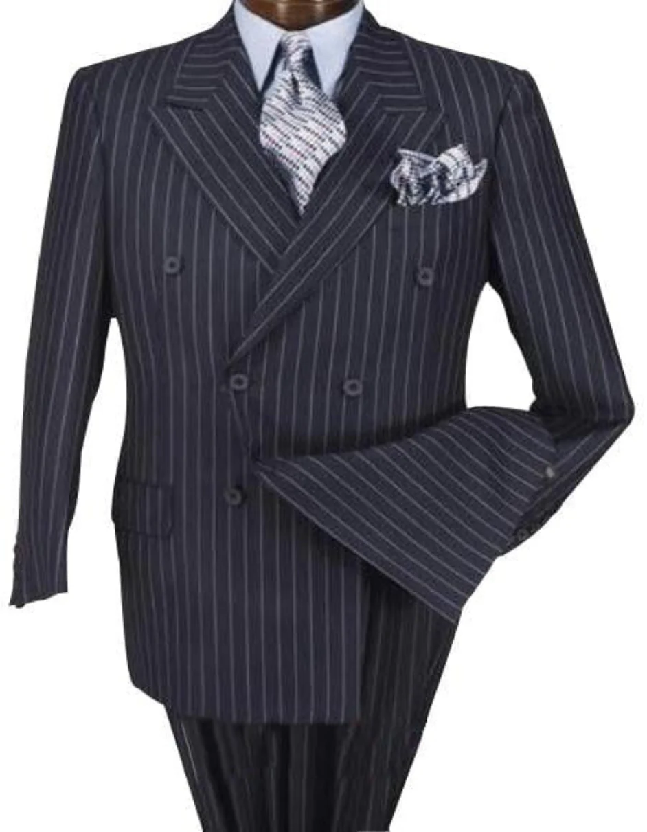 High Quality Dark Navy Blue Suit For Men & Chalk Bold White Pinstripe Double Breasted 100% Poly-Ray Suit - Image 10