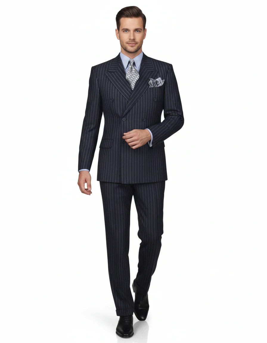 High Quality Dark Navy Blue Suit For Men & Chalk Bold White Pinstripe Double Breasted 100% Poly-Ray Suit - Image 2
