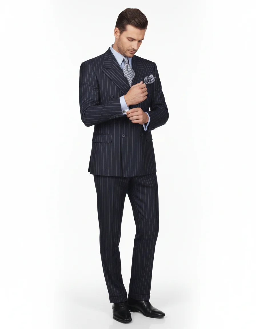 High Quality Dark Navy Blue Suit For Men & Chalk Bold White Pinstripe Double Breasted 100% Poly-Ray Suit - Image 4