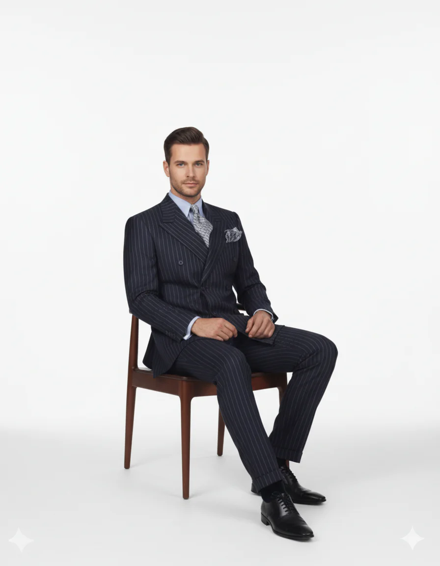High Quality Dark Navy Blue Suit For Men & Chalk Bold White Pinstripe Double Breasted 100% Poly-Ray Suit - Image 5