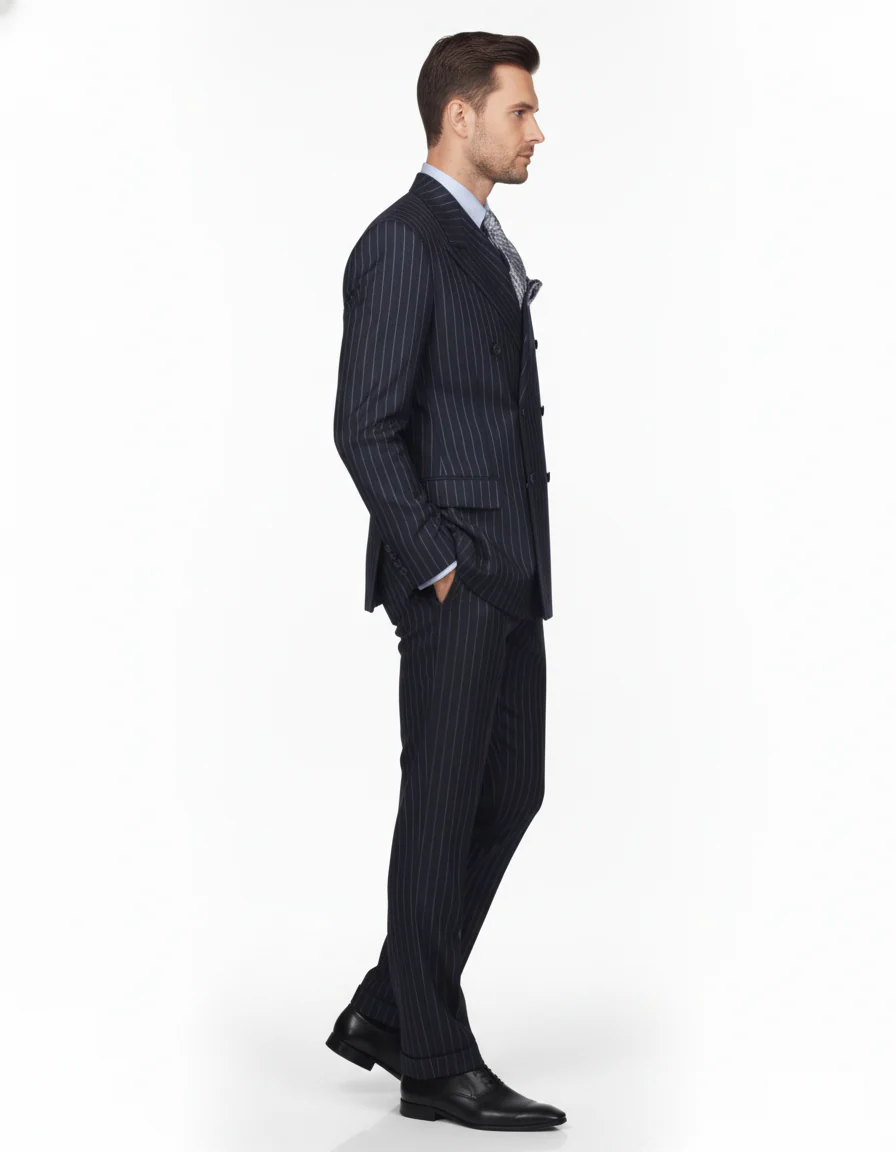 High Quality Dark Navy Blue Suit For Men & Chalk Bold White Pinstripe Double Breasted 100% Poly-Ray Suit - Image 7