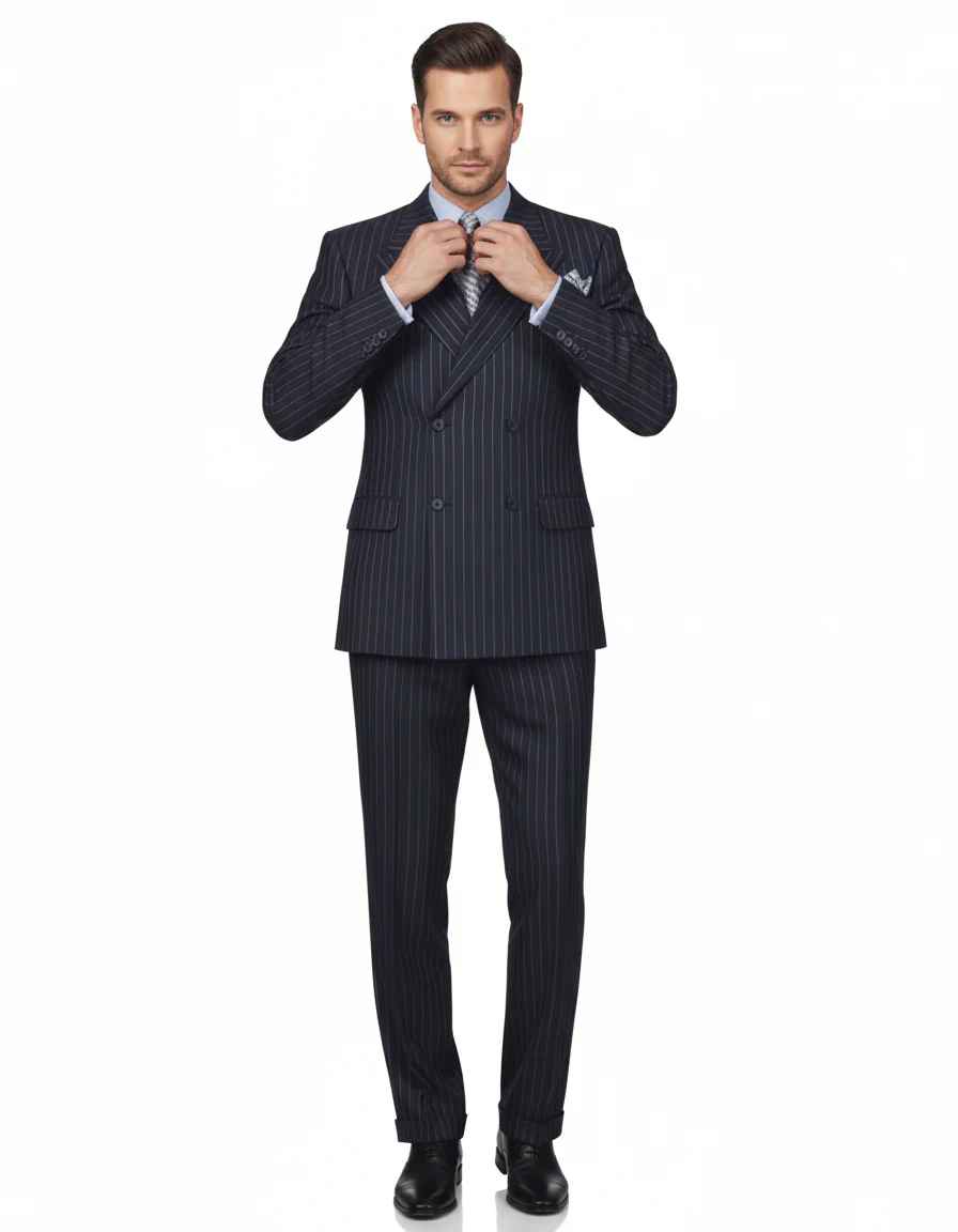 High Quality Dark Navy Blue Suit For Men & Chalk Bold White Pinstripe Double Breasted 100% Poly-Ray Suit - Image 8