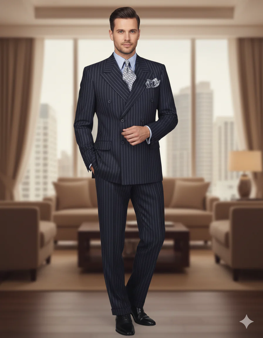 High Quality Dark Navy Blue Suit For Men & Chalk Bold White Pinstripe Double Breasted 100% Poly-Ray Suit - Image 9
