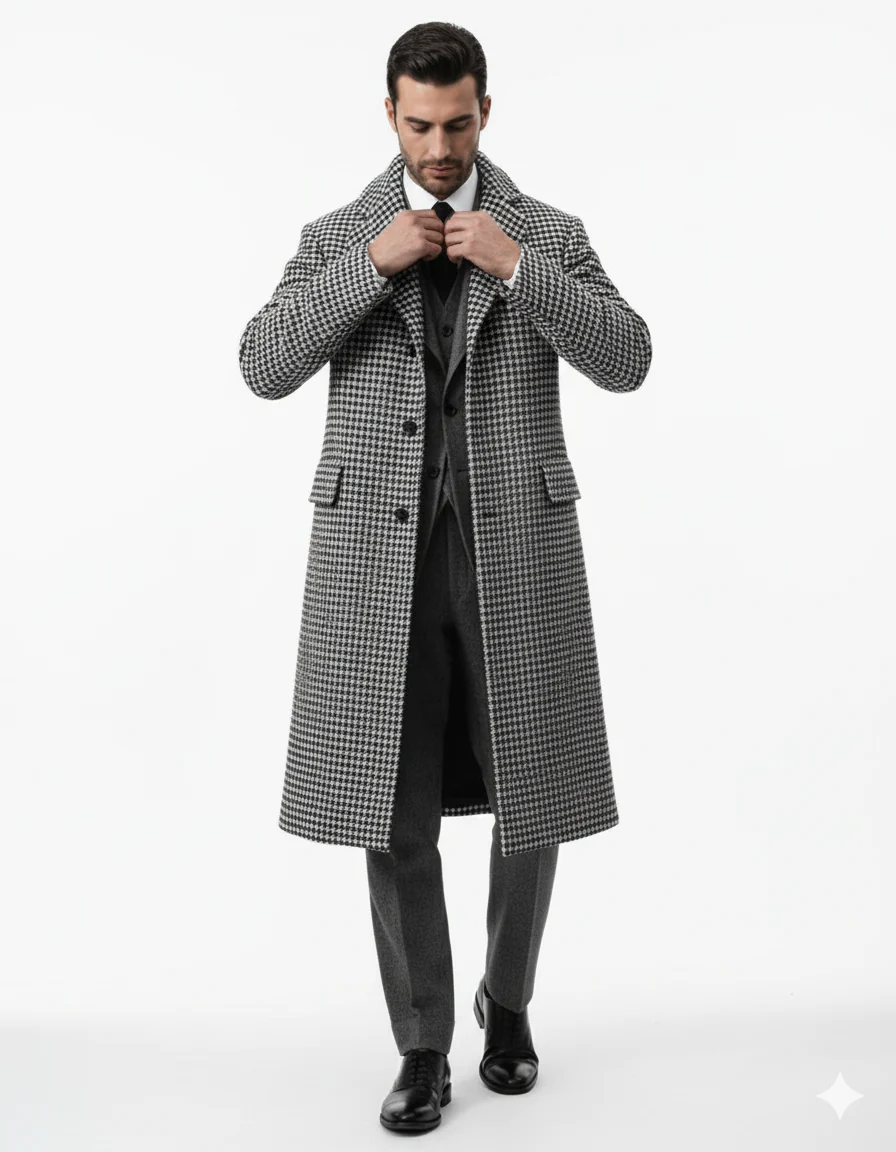 Houndstooth Overcoat - Black and White Checker And Real Wool Fabric Topcoat By Alberto Nardoni - Image 5