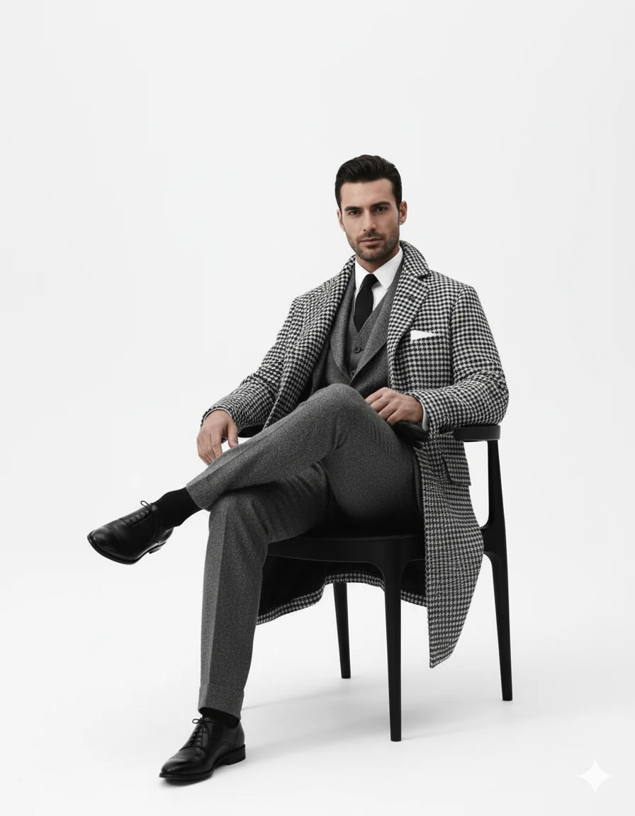 Houndstooth Overcoat - Black and White Checker And Real Wool Fabric Topcoat By Alberto Nardoni - Image 7