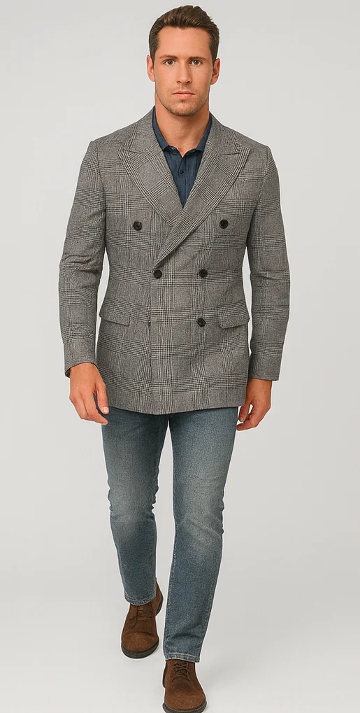 Houndstooth Plaid Peacoat - Gray And Black Patterned Wool Fabric Car Coat - Image 3
