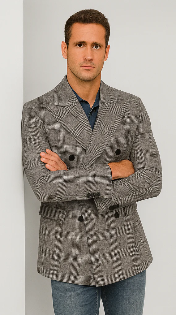 Houndstooth Plaid Peacoat - Gray And Black Patterned Wool Fabric Car Coat - Image 5