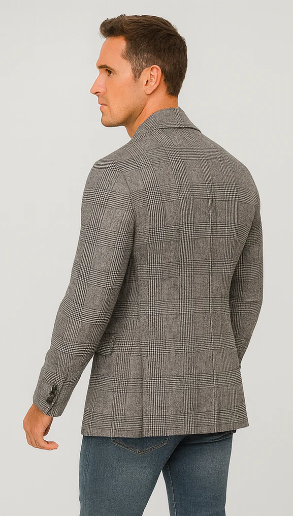 Houndstooth Plaid Peacoat - Gray And Black Patterned Wool Fabric Car Coat - Image 6