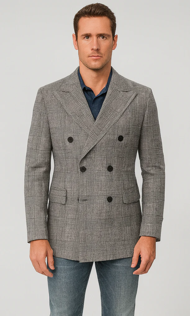 Houndstooth Plaid Peacoat - Gray And Black Patterned Wool Fabric Car Coat - Image 7