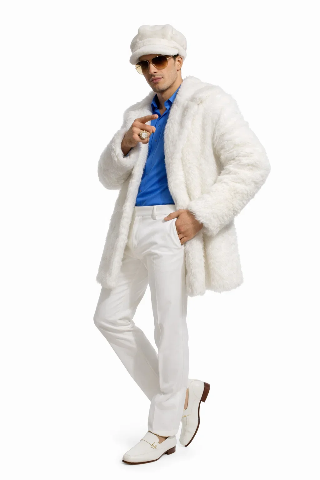 Ivory Faux Fur Coat - Off White Color Cream Mens Coat - Single Breasted - Image 3