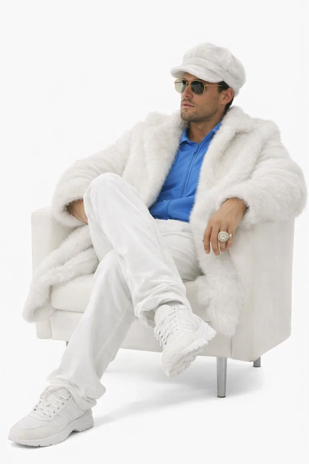 Ivory Faux Fur Coat - Off White Color Cream Mens Coat - Single Breasted - Image 5