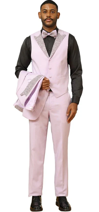 Lavender Prom Tuxedo - Perfect Wedding Suit Vested Rhinestone sequin Lapelled - Image 3