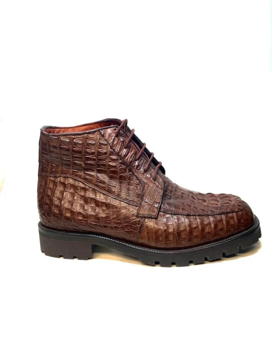 Los Altos All-Over Crocodile Lace Up Ankle Boots in Brown