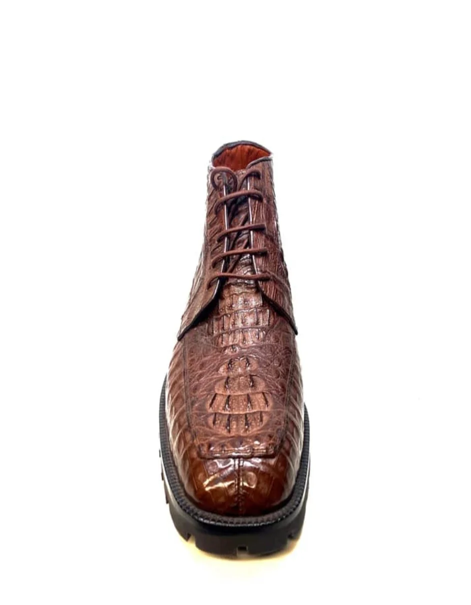 Los Altos All-Over Crocodile Lace Up Ankle Boots in Brown - Image 4