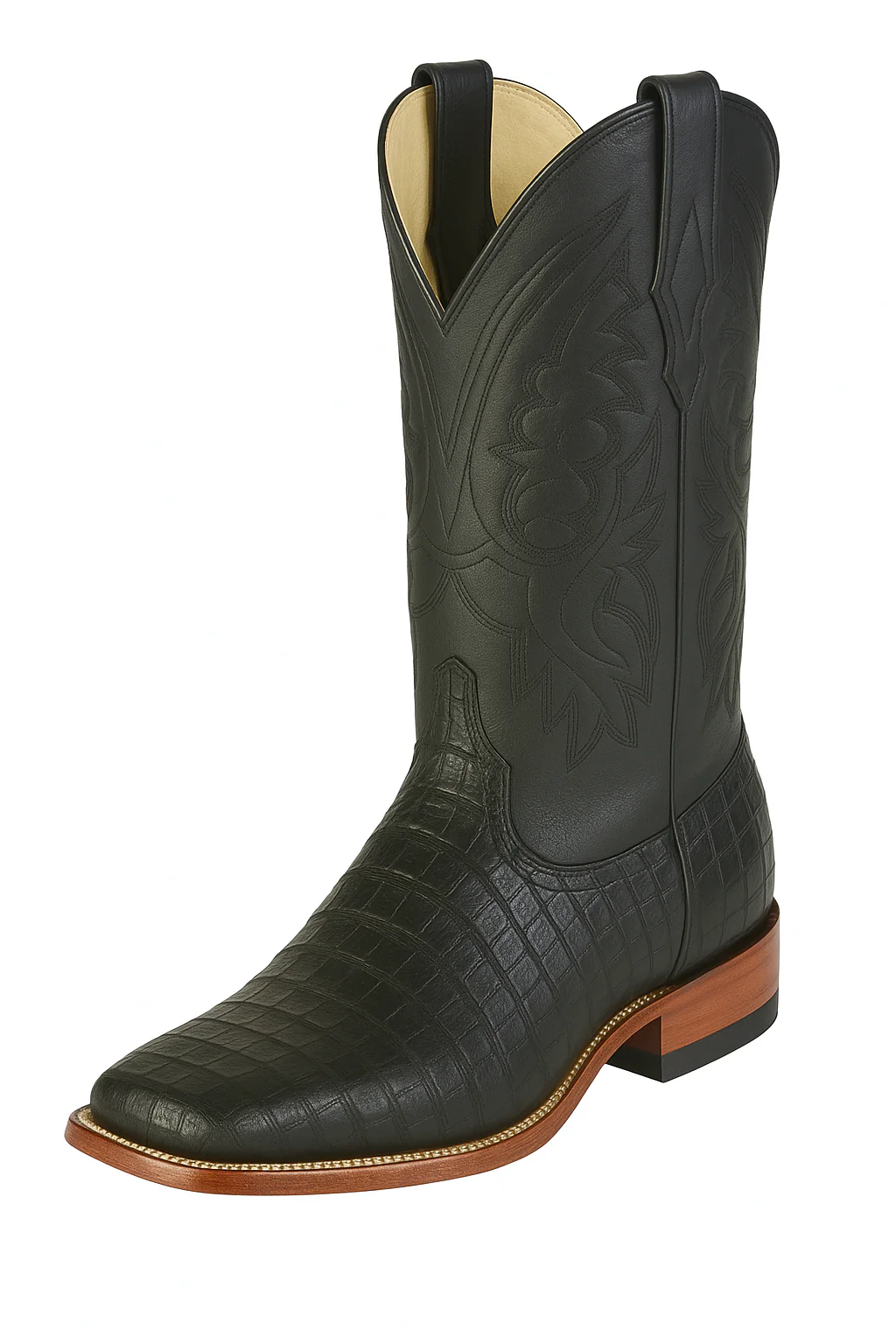 Los Altos Boots Men's Black Caiman Belly Wide Square Toe Boots - Image 7