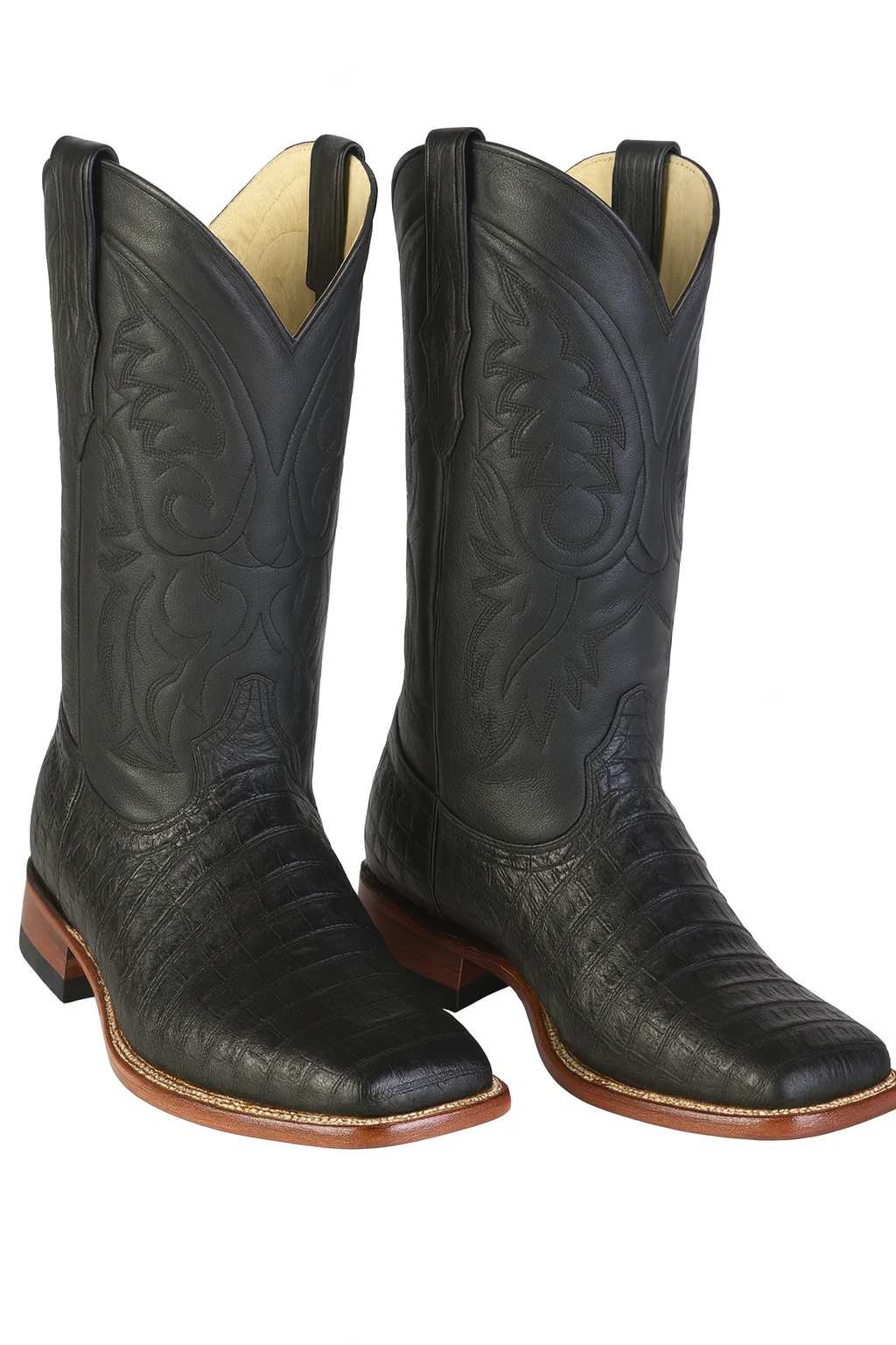 Los Altos Boots Men's Black Caiman Belly Wide Square Toe Boots - Image 9