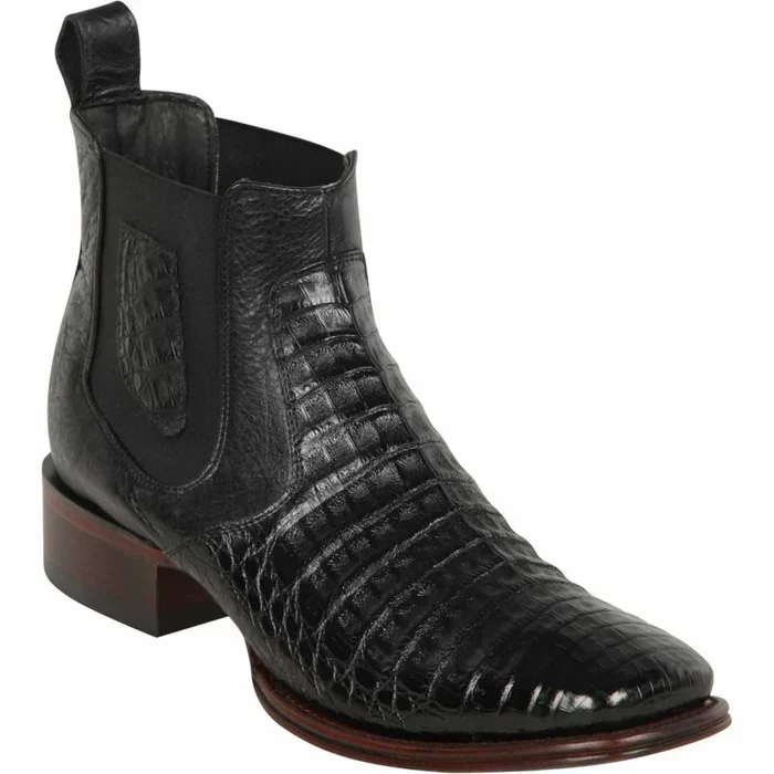 Los Altos Men's Wide Square Toe Caiman Belly Short Boots - Black - Image 4