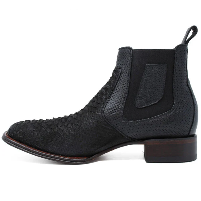 Los Altos Men's Genuine Python Skin Square Toe Ankle Boots - Black - Image 2