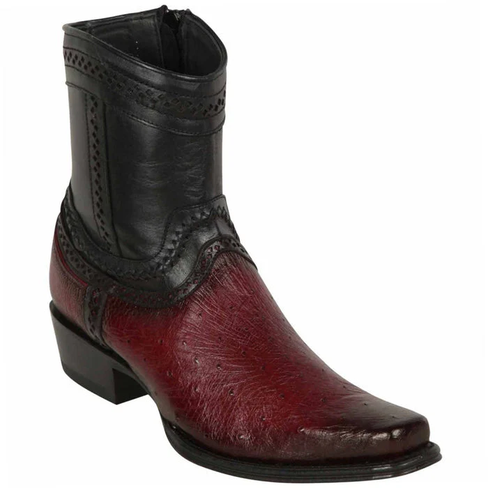 Los Altos Men's Original Smooth Ostrich Skin European Toe Short Boots - Burgundy