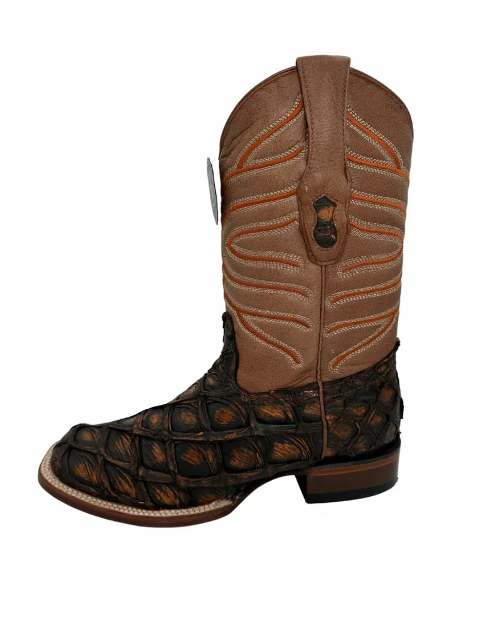 Los Altos Men's Rustic Cognac Pirarucu Wide Square Toe Boots - Image 4