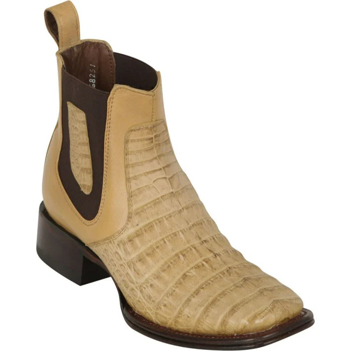 Los Altos Men's Wide Square Toe Caiman Belly Short Boots - Honey