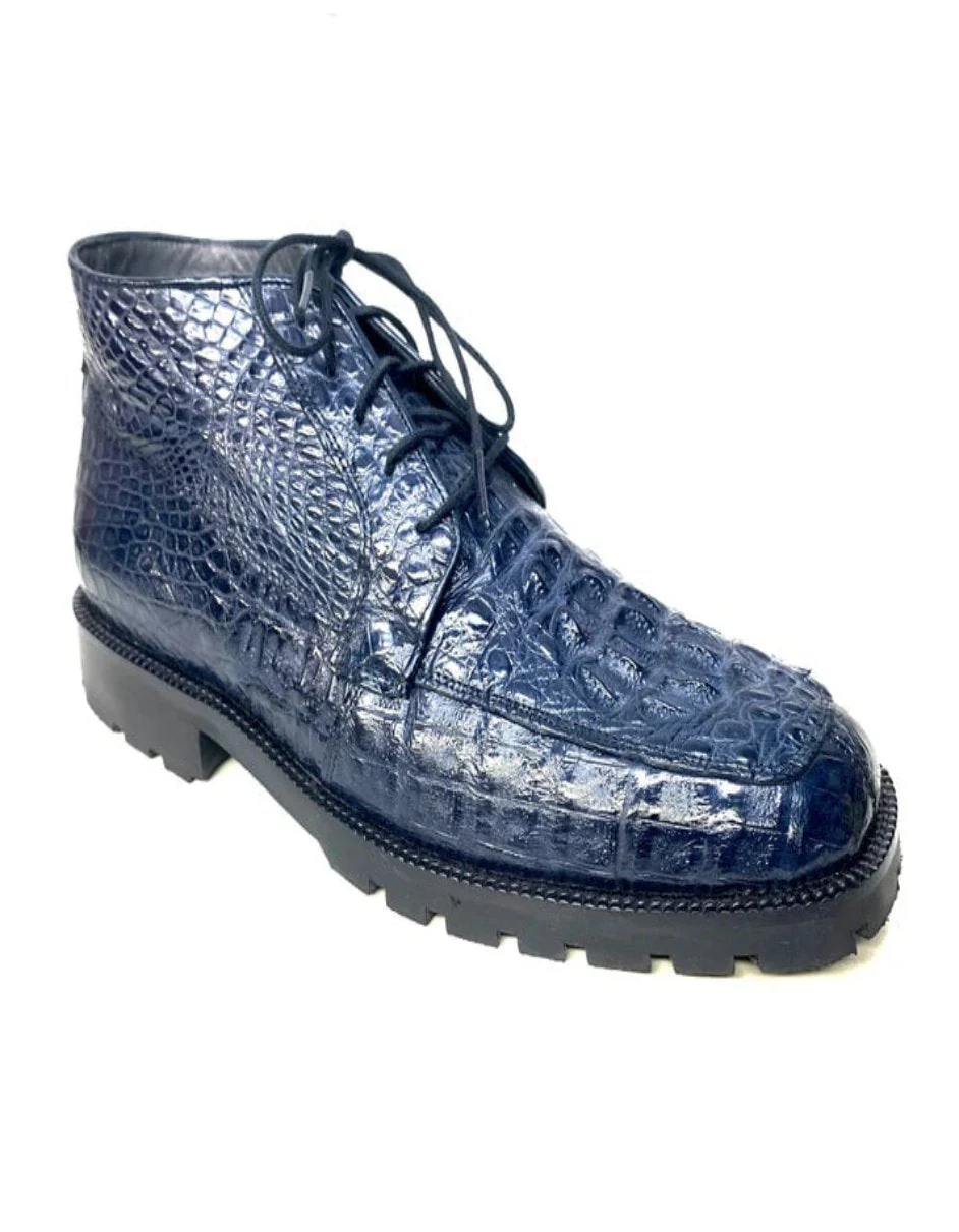 Los Altos Navy Hornback Crocodile Lace Up Ankle Boots