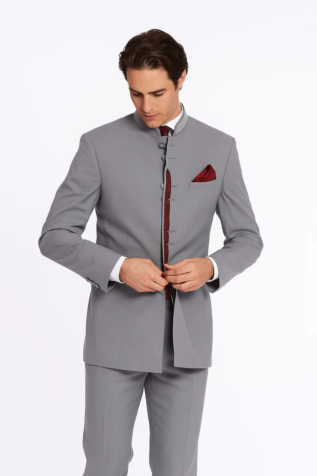 Mandarin Collar Tuxedo - Mandarin Tuxedo - No Collar Suit - Light Grey Suit - Image 3