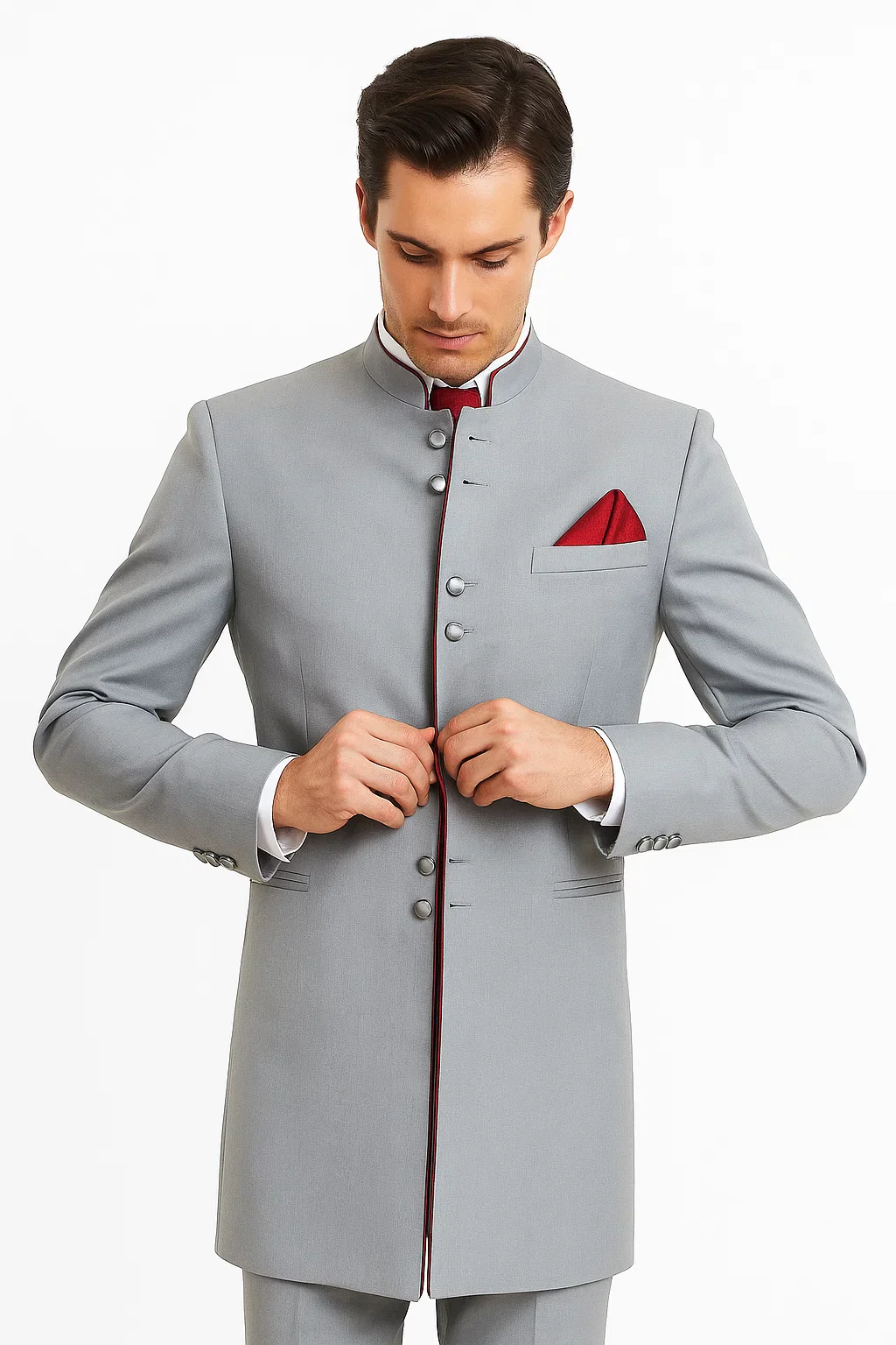 Mandarin Collar Tuxedo - Mandarin Tuxedo - No Collar Suit - Light Grey Suit - Image 4