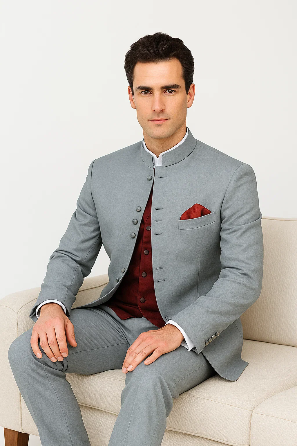 Mandarin Collar Tuxedo - Mandarin Tuxedo - No Collar Suit - Light Grey Suit - Image 5