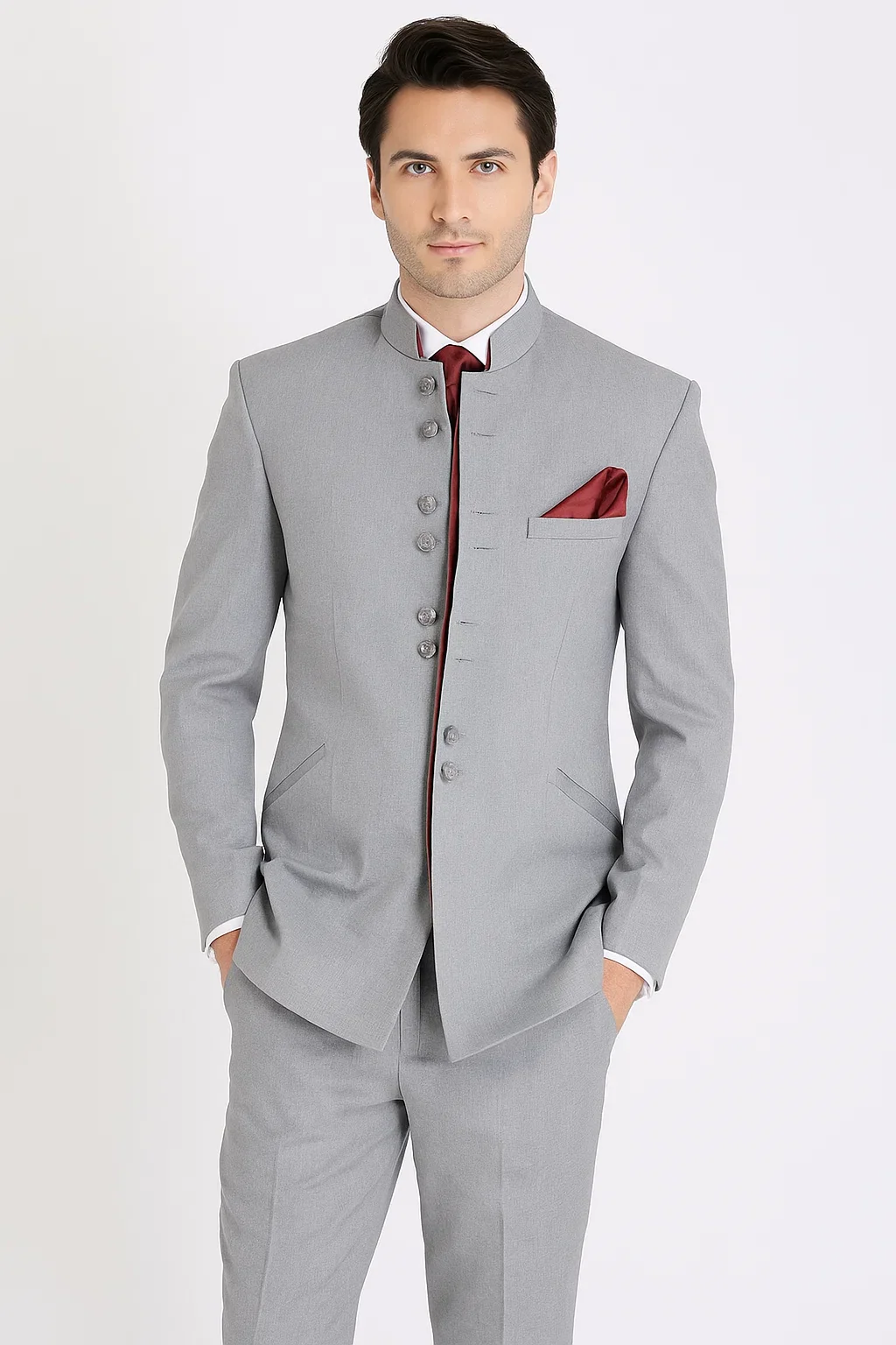 Mandarin Collar Tuxedo - Mandarin Tuxedo - No Collar Suit - Light Grey Suit - Image 6