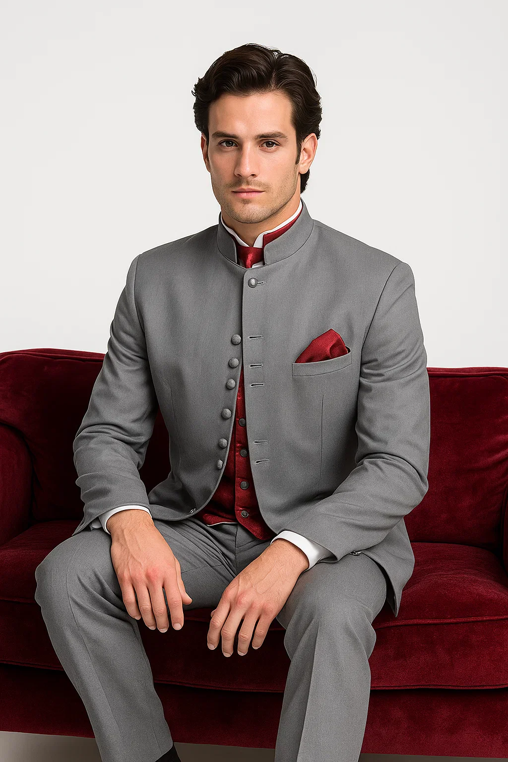Mandarin Collar Tuxedo - Mandarin Tuxedo - No Collar Suit - Light Grey Suit - Image 7