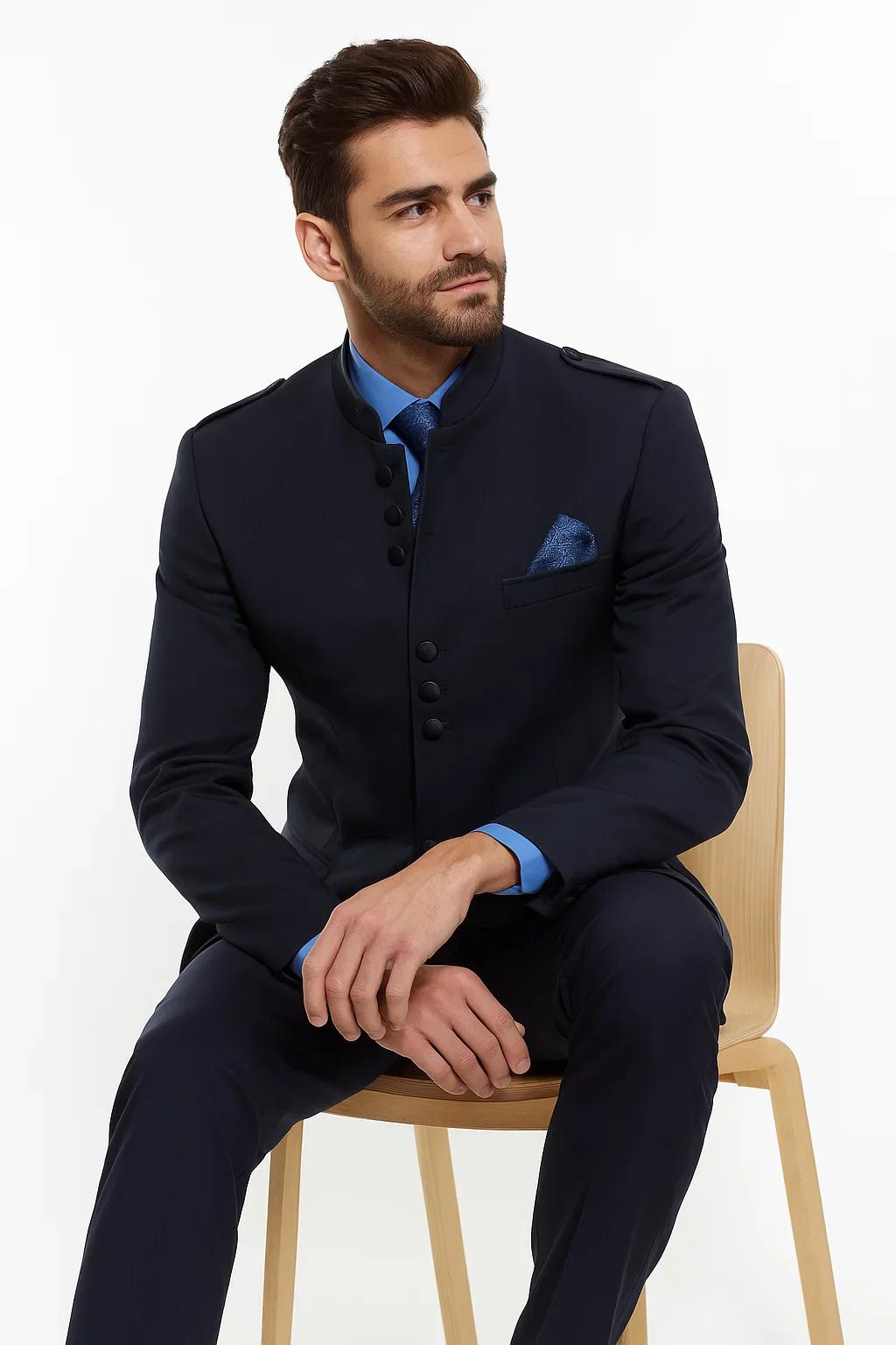 Mandarin Collar Tuxedo - Mandarin Tuxedo - No Collar Suit - Navy Blue Suit - Image 3