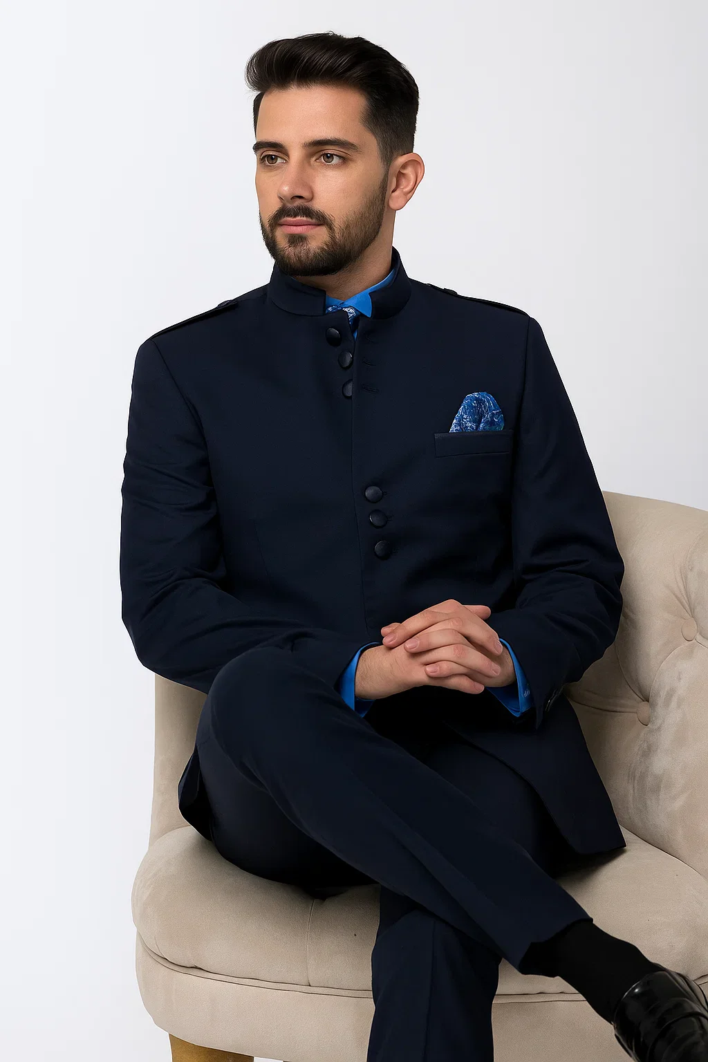 Mandarin Collar Tuxedo - Mandarin Tuxedo - No Collar Suit - Navy Blue Suit - Image 4