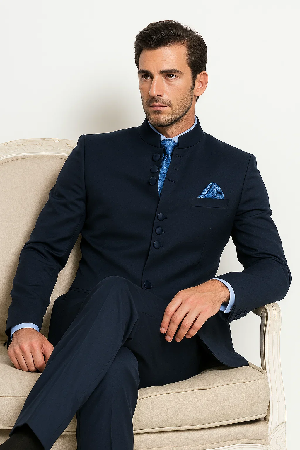 Mandarin Collar Tuxedo - Mandarin Tuxedo - No Collar Suit - Navy Blue Suit - Image 5