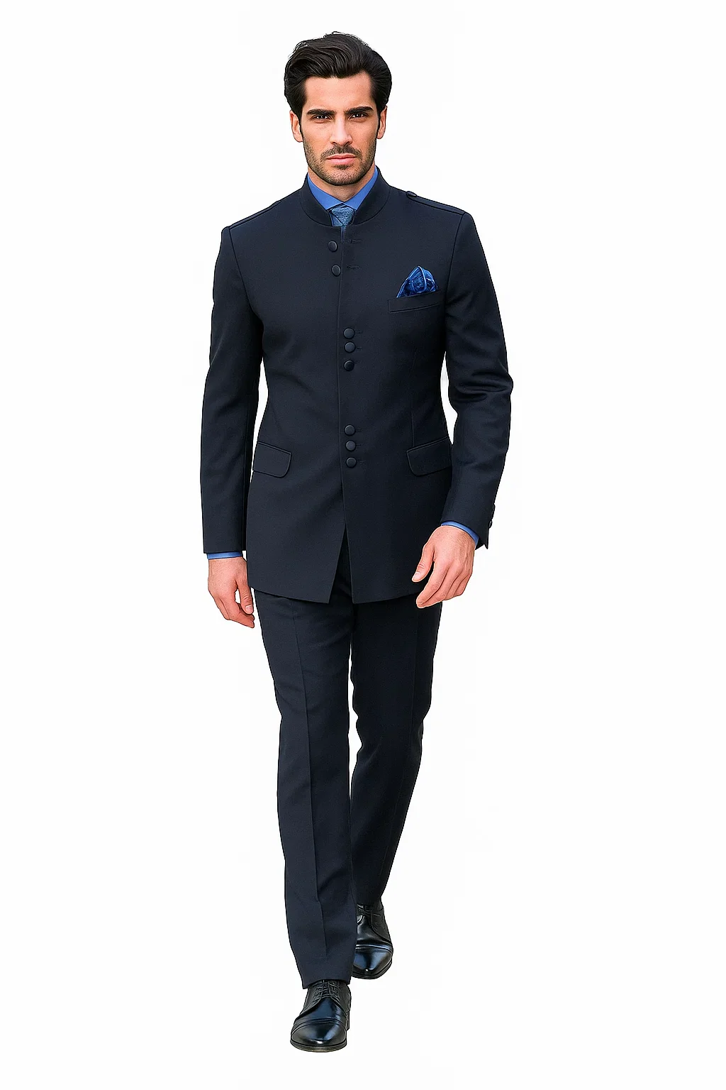 Mandarin Collar Tuxedo - Mandarin Tuxedo - No Collar Suit - Navy Blue Suit - Image 7