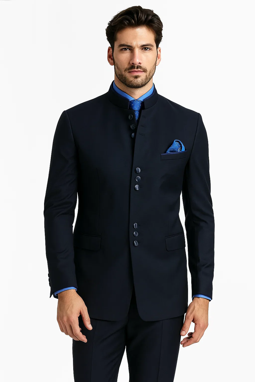 Mandarin Collar Tuxedo - Mandarin Tuxedo - No Collar Suit - Navy Blue Suit - Image 8
