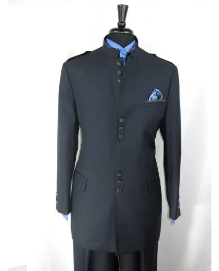 Mandarin Collar Tuxedo - Mandarin Tuxedo - No Collar Suit - Navy Blue Suit - Image 9