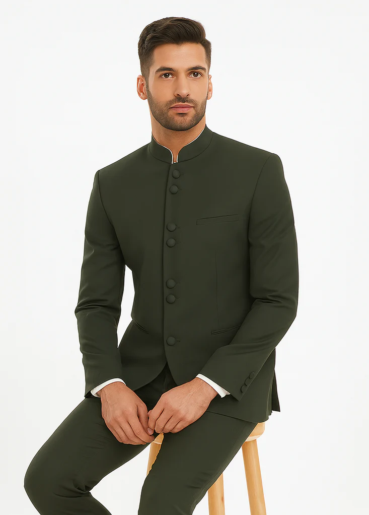 Marriage Groom Wedding Indian Nehru Suit Jacket Mens Blazer Olive (Jacket + Pants) $99 - Image 4